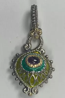 Bixby 925 Sterling Silver & 18k Gold Amethyst & Enamel Peacock Feather Pendant • $59.99