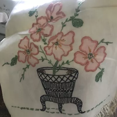 Vintage Cross Stitch Table Runner Dresser Scarf Floral With Flower Pot! • $5.95