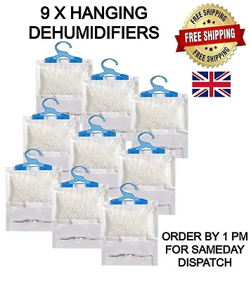 9 X Hanging Wardrobe Dehumidifiers Bags Moisture Absorber Fits Anywhere • £16.49