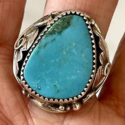 Navajo Natural Turquoise Mens Ring Sz 11.5 Sterling Leaf Feather Native Ramirez • $99.94