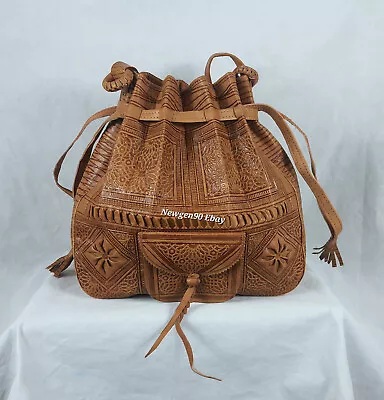 Large Engraved Handmade Bohemian Moroccan Leather Crossbody Bucket Hobo Purse • $69.99