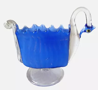 Vtg Blue Gold Murano Art Glass Square Vase Hand Blown Small Swan Cig Pack Holder • $24