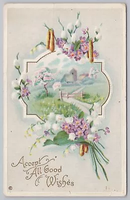 Stecher~321 F~All Good Wishes~Purple & White Flowers~Farm In Bkgd~PM 1913 PC • $3.30