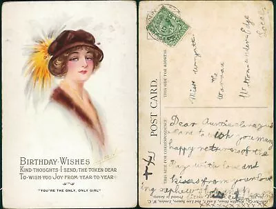 Art Glamour Birthday Wishes Romantic Greetings GB 1917 Cancel Inter Art Co 655 • £5.10