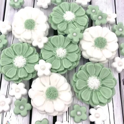 30 Edible Sage Green & White Fondant Sugar Flowers Cake Toppers Birthday Wedding • £5.99