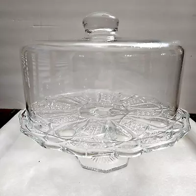 Vintage LE Smith Quintec Clear 11  Pressed Glass Pedestal Cake Plate W/High Dome • $53