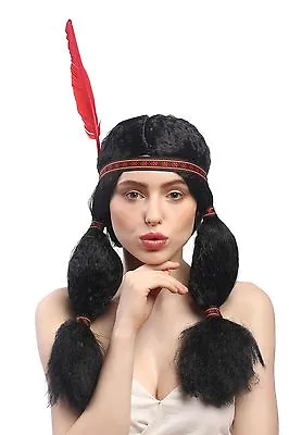 Wig Ladies Carnival Indian Red Indian Woman Pigtails Headband Feather 19 11/16in • $9.56