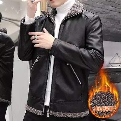 Mens Winter Fleece Lined Leather Coat Outwear Short Jacket Motorcycle Zipper New • $63.19