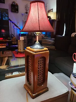 Vintage Wooden Table Lamp W/Wicker Decor 29  Tall Base 16  *WORKING* • $75