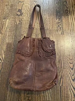 Vintage Lucky Rockin Ruffle Hip Hobo Brown Leather Tote Bag Shoulder Bag • $19.99