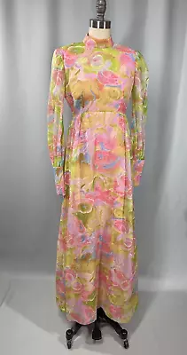 Vintage Dress SIZE SMALL Psychedelic Neon Pink Green Yellow 60s 70s Maxi Long • $99