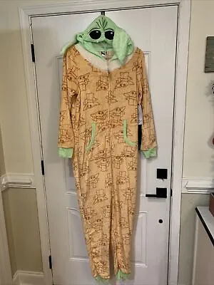 Star Wars Mandalorian Grogs Baby Yoda Hooded Nonfooted 1 Piece Zip Adult Pajamas • $12