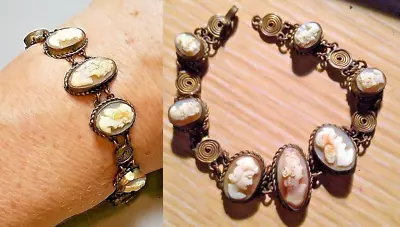 Genuine 7 Shell Cameo Bracelet Hand Carved Vintage Filigree Brass Artesian Hand  • £145.87