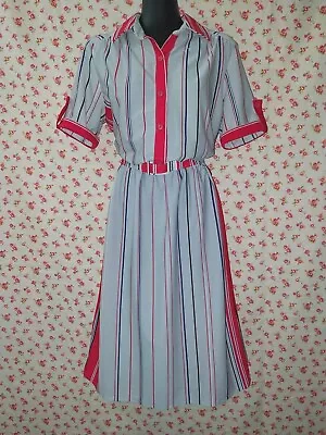 Retro 80s Grey Poly Shirt Dress W/ Pink & Navy Stripes - Size 10-12 /Vintage 14  • $10