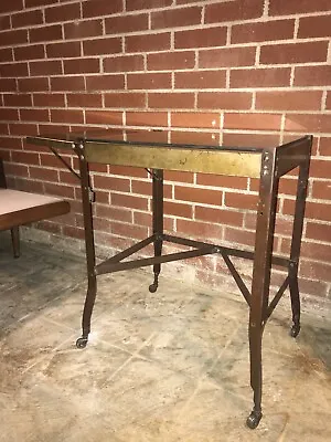 Vintage MCM Metal Industrial Typewriter Table Glass Top Drop Leaf Rolling Stand • $109