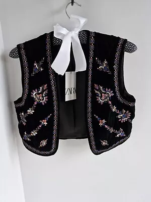 Zara Black Velvet Embroidered Embellished Waistcoat Size S BNWT  Defects • £28