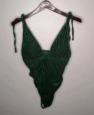 Zaful One Piece Swimsuit Small Green Velvet Striped Swim Swimwear F • £9.24