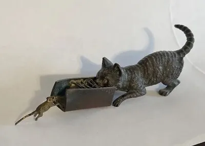 Antique Cold Painted Vienna Bronze Cat With Rat Trap And Rat • $349.99