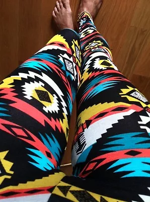 TRIBAL AZTEC Multicolor ANKLE Leggings Pants Cotton L Juniors Plus 1X 2X 3X • $11