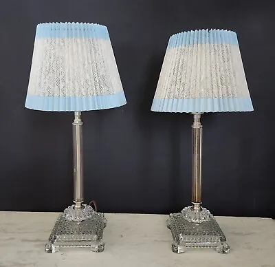 Vintage Pair Crystal Glass Boudoir Table Lamps Lace Shades Candlestick Hobnail • $32.99