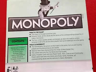 2012 Manchester City Edition Monopoly Edition Instruction / Rules Booklet • £2.99