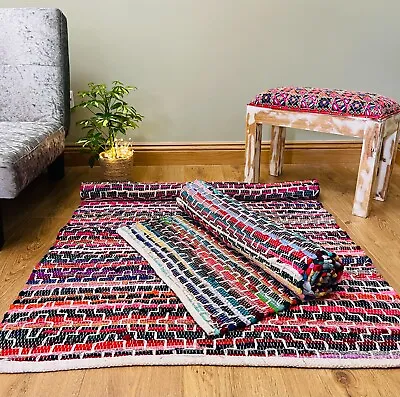 Rainbow Rag Rug Geometric Multi Colour Rugs Reversible Carpet Recycled Fabric • £17