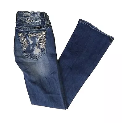 Miss Me Signature Boot Distressed Jeans Women's Sz 25 Rhinestone Bootcut EUC • $29.95