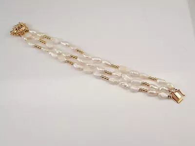 Vintage Estate 14K Yellow Gold Freshwater Pearl Bracelet 7  Triple Strand • $295