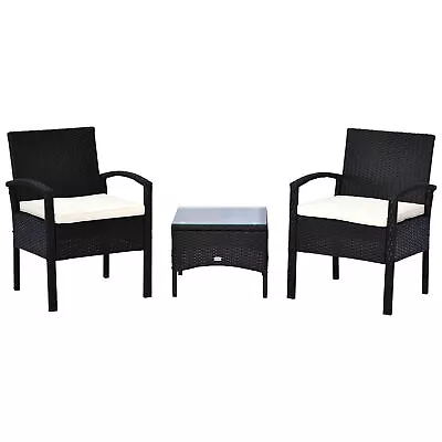 Outsunny 3PC Garden Rattan Bistro Set Balcony Dining Table 2 Seater Chair Black • £124.99