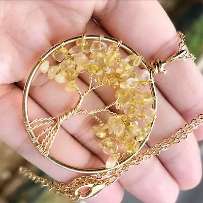 Yellow Crystal Gem Tree Of Life Water-Drop Necklace Chakra Reiki Healing Amulet • $0.71