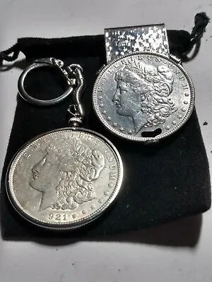 1921 Morgan Silver Dollar Gift Set Money Clip & Key Chain Both Silver Plated • $129.95