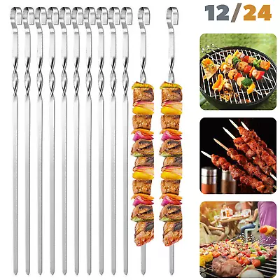 12/24 PCS LONG Metal Kebab Grill Steel Sticks Flat BBQ Skewers Barbecue Meat • £10.99