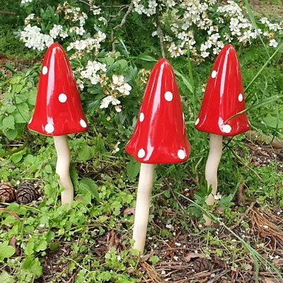 Ceramic Tinkling Red Polka Dot Garden Toadstools Mushrooms Garden Decoration • £8.95