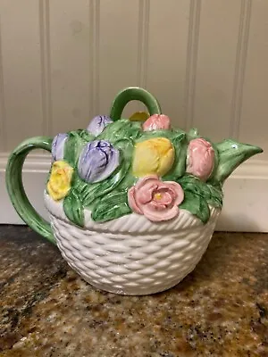 Vintage Otagiri Mary Ann Baker Teapot Tulips Basket Design 6” • $19.99