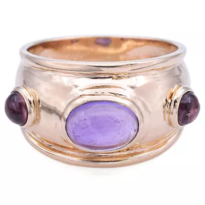 Vintage 14K Yellow Gold Amethyst & Tourmaline Cabochon Wide Band Ring Size 5.5 • $295