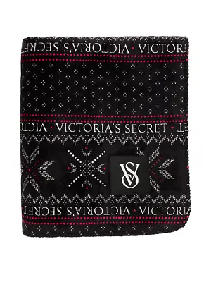 VICTORIA’S SECRET SHERPA  Blanket HOLIDAY 2023 - BLACK - FAIR ISLE LOGO NEW  • $25.99