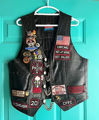 Vintage Black Leather Biker Vest With Patches And Pins Collectible. VG Cond. • $128.33