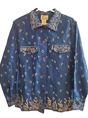 Quaker Factory Jacket Women Small Blue Floral Embroidery Beaded Casual • $5.50