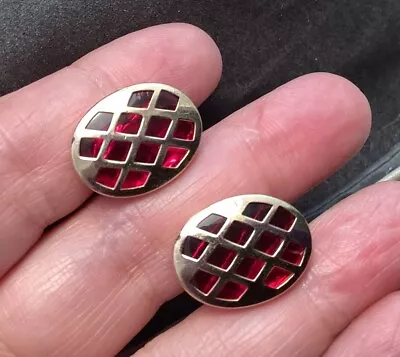 Vintage Gold Tone & Red Glass Diamond Pattern Cufflinks By ANSON • $3