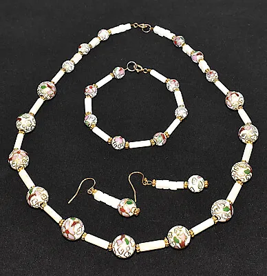 Vintage Murano Venetian 3pc Floral Glass Bead Necklace Set White Pink Green Gold • $55