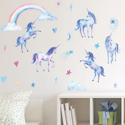 Removable Wall Decal Stickers Nursery Watercolour Unicorn Rainbow Stars Purple • $18.99