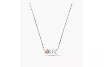 MICHAEL KOR MK Logo & Crystal Pave Heart Silver & Gold Necklace MKJ7977931 + BOX • $67.49