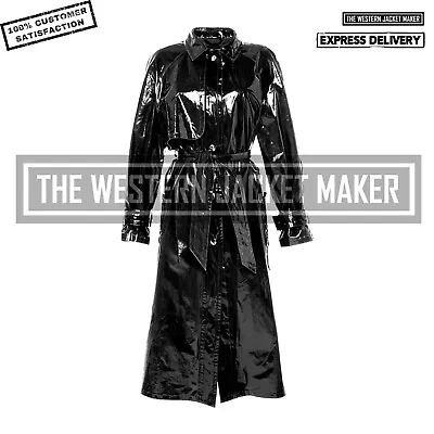 Women Vinyl Trench Coat Faux Patent Leather Black Latex Women Belted Waist Coat • £113.21
