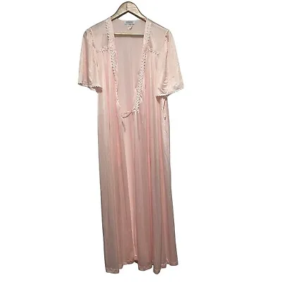 Vintage Lorraine Robe Womens M Pink Satin Short Sleeve Tie Front Nylon Long • $14.99
