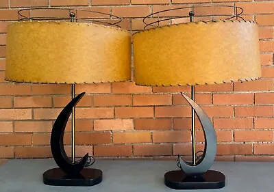 Pair Majestic Lamps Fiberglass Shades Atomic Era Lighting Vintage Wood Brass 50s • $895