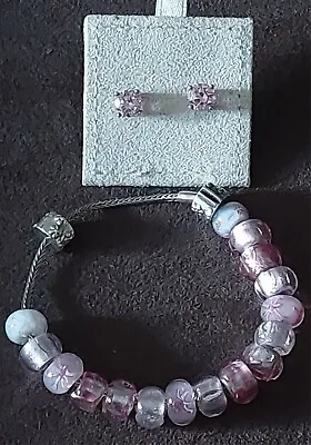 Sterling Silver Charm Bracelet & Earrings Pink Theme Hallmarked Silver Jewellery • £12.95