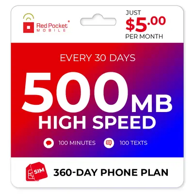 $5/Mo Red Pocket Prepaid Wireless Phone Plan+Kit: 100 Talk 100 Text 500MB • $60