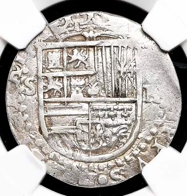 COLONIAL ERA SPAIN. Philip II 1556-1598. Silver Cob 2 Reales Seville NGC AU • $465