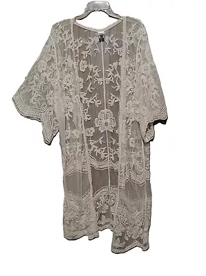 Time Tru S M Women's Cream Ivory Lace Mesh Open Kimono Coverup Top Shawl • $11.04