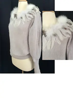 1980's VINTAGE STATEMENT PUFF SLEEVE Angora Sweater OSTRICH MARABOU Feathers S/M • $59.99